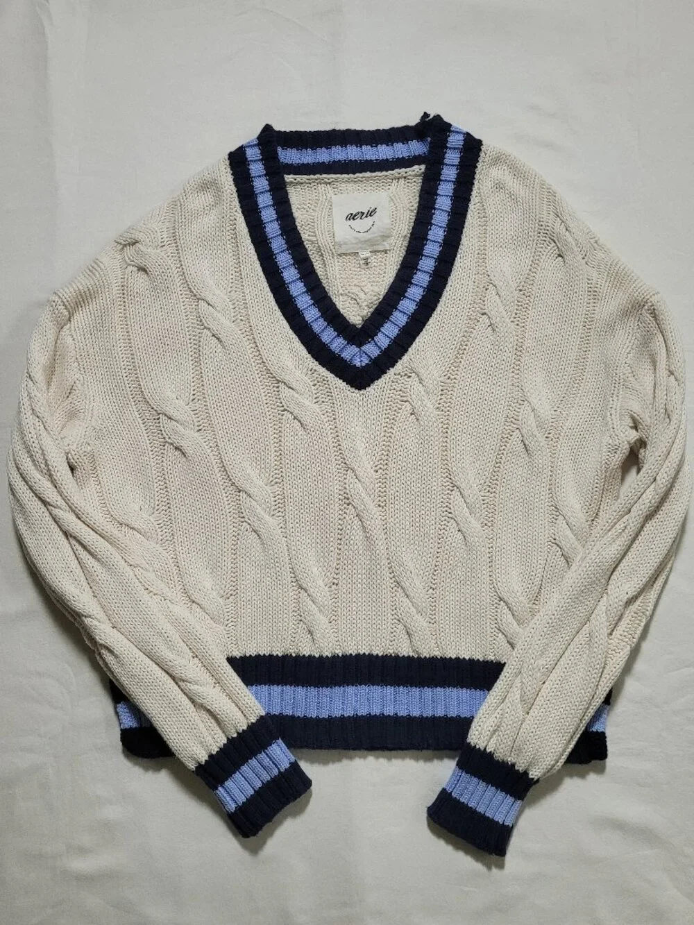 Aerie Striped V Neck Cable Knit Tennis Sweater Ivory Blue XSmall Preppy FLAW
